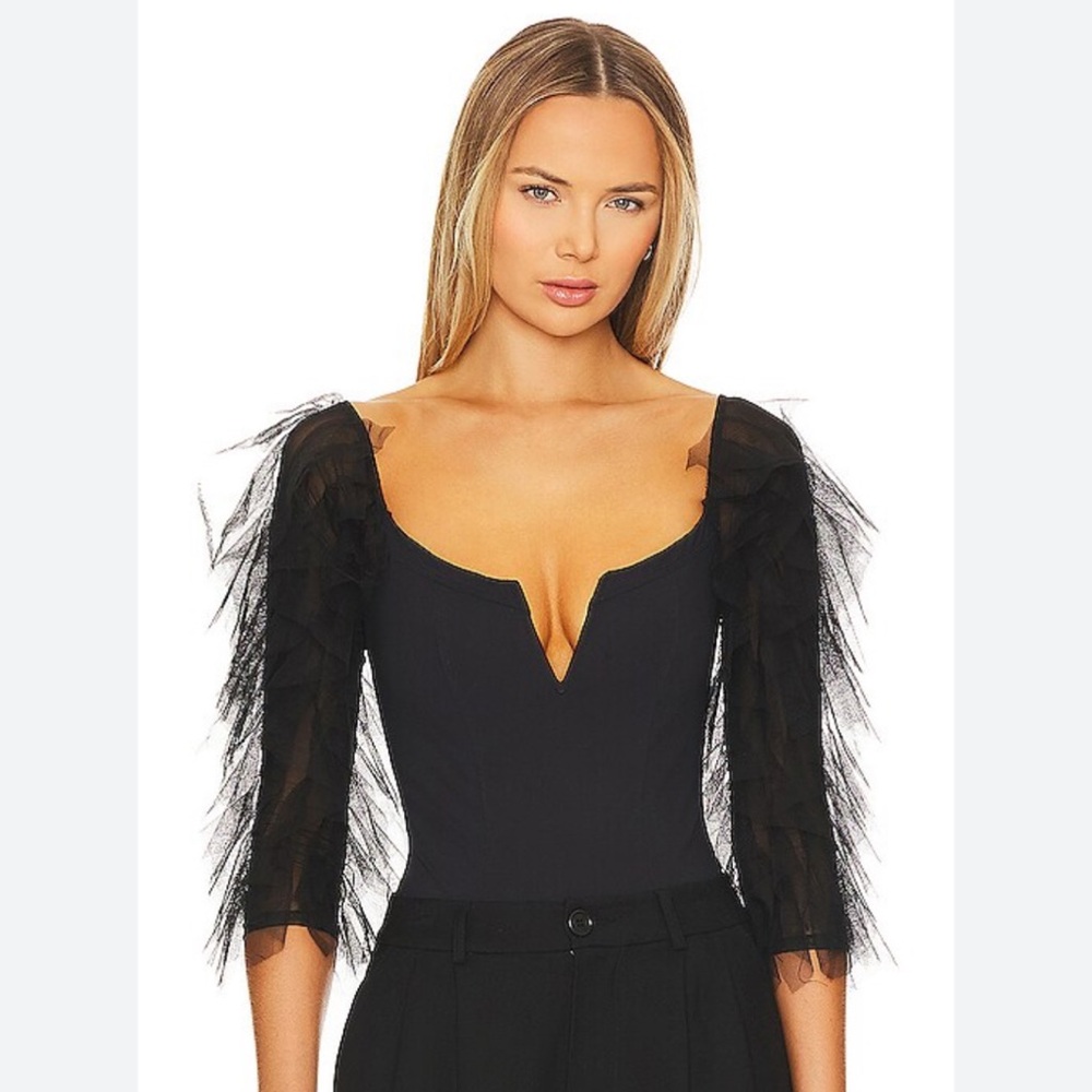 Free People Black Bodysuit with Sheer Sleeves